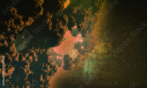 Fantastic view of space, the universe with a part of an asteroid and a cluster of stars. 3d illustration