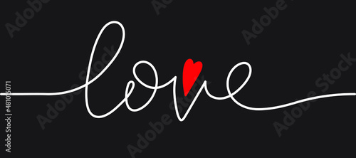 The word love written in one line. With a small heart-shaped accent graphic element. For the design of banners and cards for Valentine's Day, Mother's Day and all the holidays of love and family. 