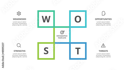 SWOT diagram with 4 steps  options  parts or processes. Threats  weaknesses  strengths  opportunities of the company.