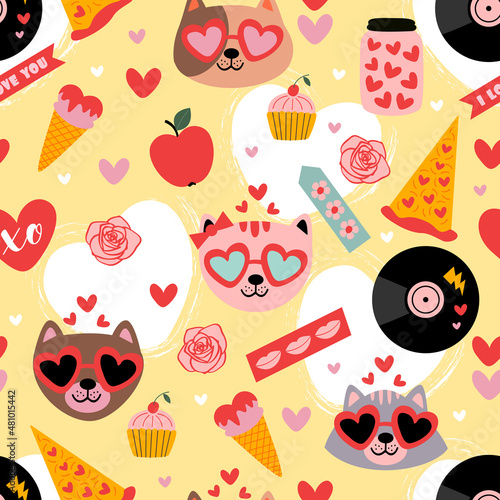 valentine seamless pattern with  cats and love elements