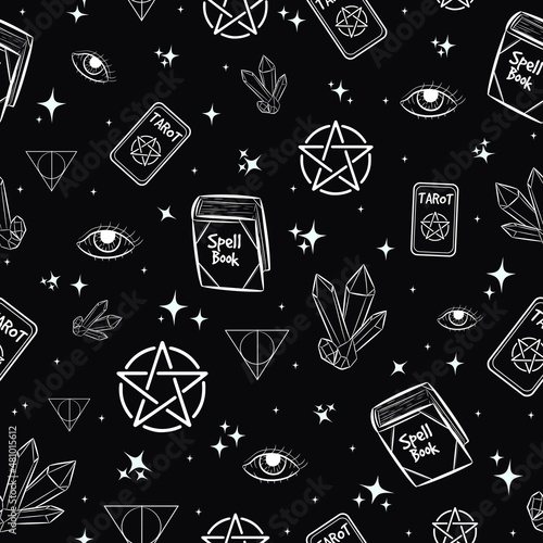Occult seamless pattern with witchy and pagan elements. Repeat background with spellbooks, tarot cards, amethyst crystals, stars and pentagrams.