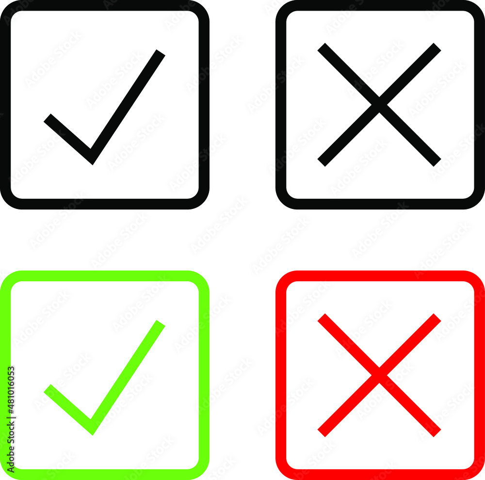 Checkmark icons. Green tick and red cross checkmarks. Check mark and X symbols. Checkmark icons. Green tick and red cross checkmarks. Check mark and X symbols.