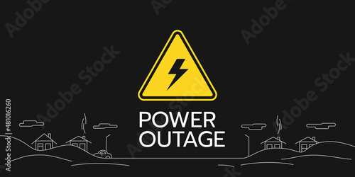 Power outage web banner. Warning sign with a lightning symbol and line winter village landscape on black background. Power cut.
