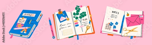 Set of three Notebooks. Organizers for to do lists, personal plans, goals. Diary with stick notes, bookmarks, envelope, pencil, pen. Hand drawn modern Vector illustrations. Isolated on pink 