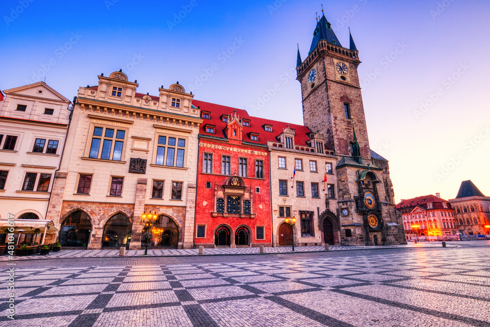 Prague Clock Tower on Old Town Square at Sunrise