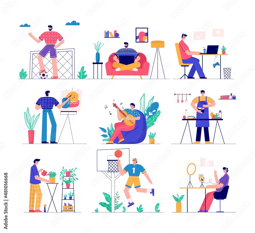 Modern men playing football, cooking, learning gitar, drawing, geardering, gaming. Set of people enjoying their hobbies, work, leisure. Vector illustration in flat cartoon style. Modern men playing football, cooking, learning gitar, drawing, geardering, gaming. Set of people enjoying their hobbies, work, leisure. Vector illustration in flat cartoon style.