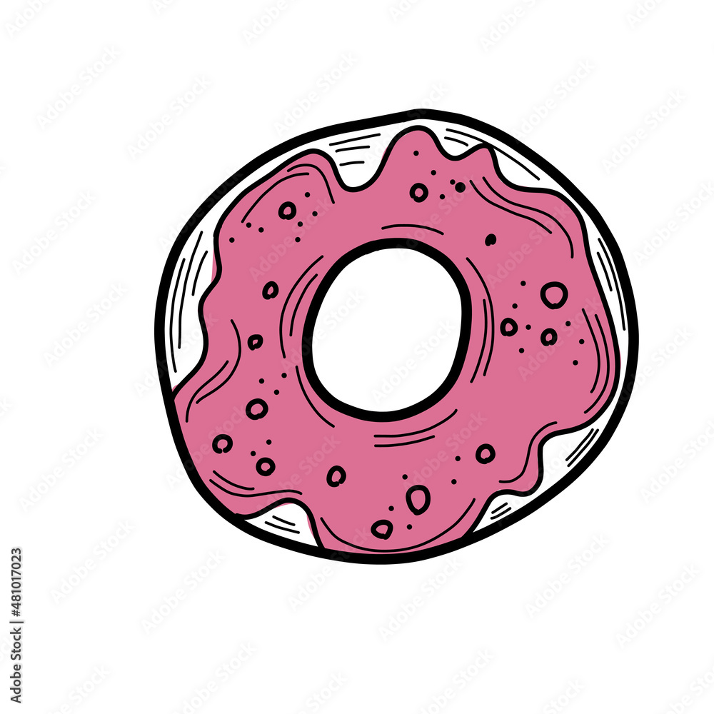 Donut in doodle style. Donut black and white line icon.