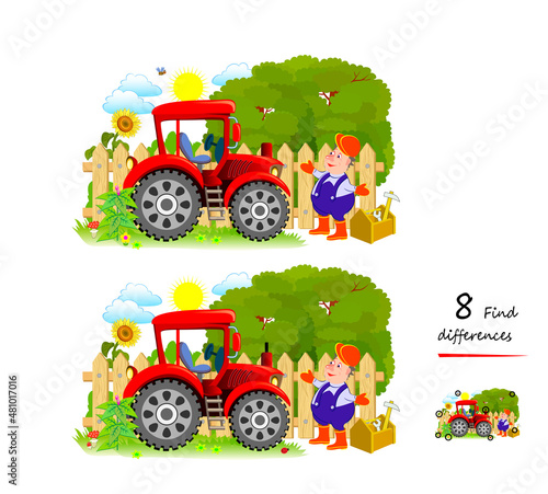 Find 8 differences. Illustration of farmer with tractor. Logic puzzle game for children and adults. Page for kids brain teaser book. Developing counting skills. IQ test. Play online.