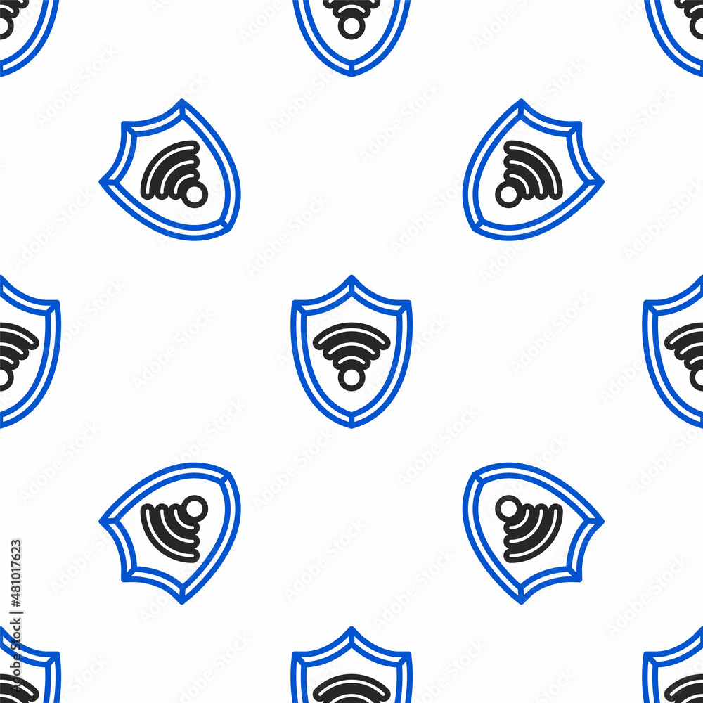Line Shield with WiFi wireless internet network symbol icon isolated seamless pattern on white background. Protection safety concept. Colorful outline concept. Vector