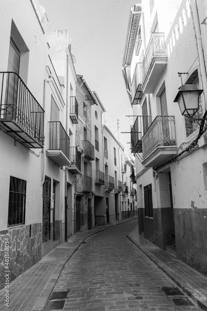 Onda, Valencian Community, Spain - January 2022. Empty Historic Street in Onda's Old Town or Historic Center (Casco Antiguo)