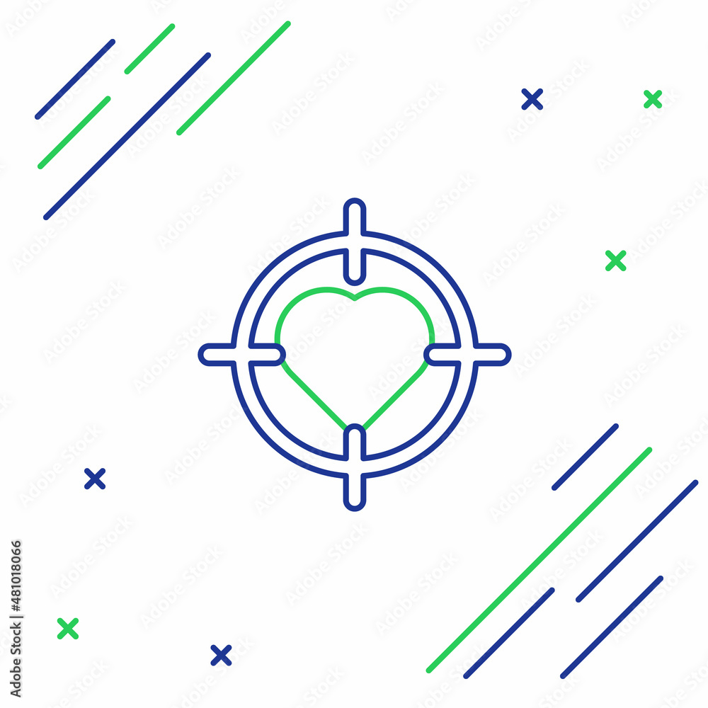 Line Heart in the center of darts target aim icon isolated on white background. International Happy Women Day. Colorful outline concept. Vector Line Heart in the center of darts target aim icon isolated on white background. International Happy Women Day. Colorful outline concept. Vector