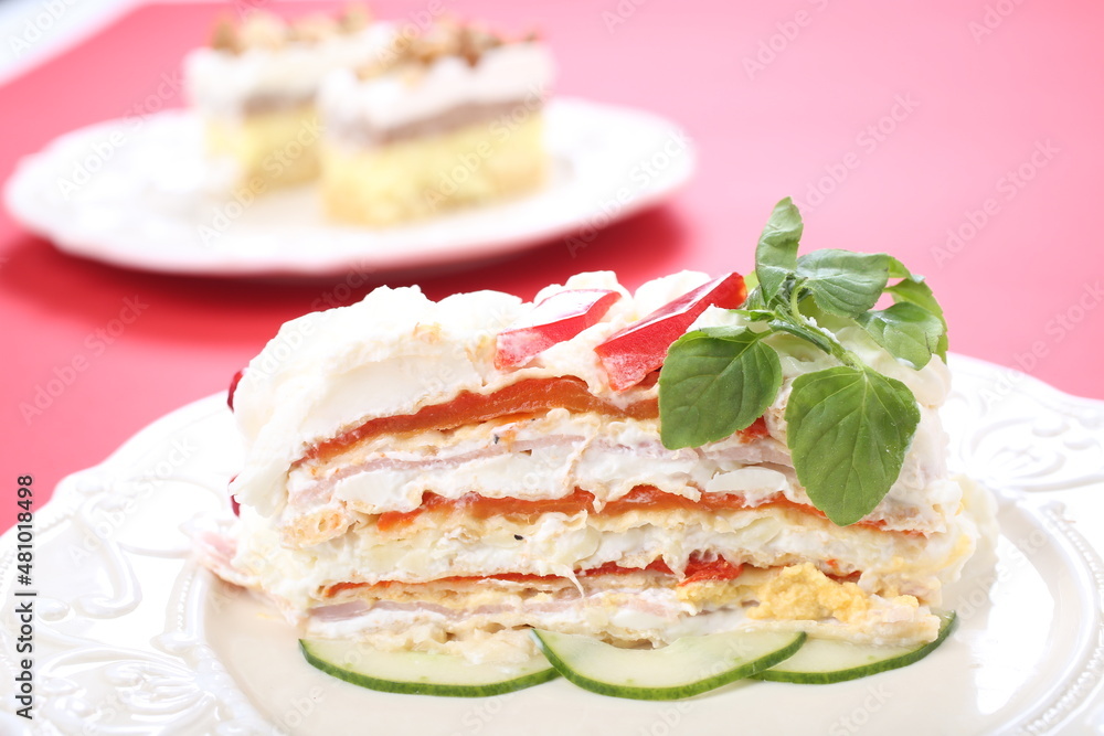 Salty cake of roasted peppers, cheese and ham Salty cake of roasted peppers, cheese and ham