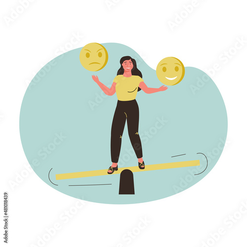 Emotional intelligence, balance emotion control feeling between work stressed or sadness and happy lifestyle concept, mindful calm woman using her hand to balance smile and sad face