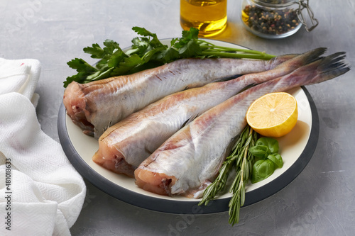 Canvas Print raw pollock fish on plate lemon parsley rosemary grey background