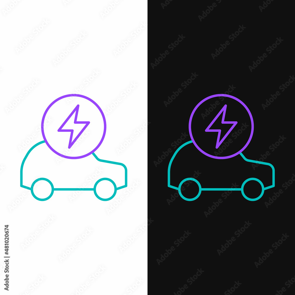 Line Electric car and electrical cable plug charging icon isolated on white and black background. Renewable eco technologies. Colorful outline concept. Vector Line Electric car and electrical cable plug charging icon isolated on white and black background. Renewable eco technologies. Colorful outline concept. Vector