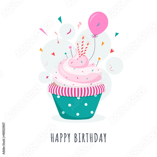 Cupcake with candles and a balloon. Birthday invitation.