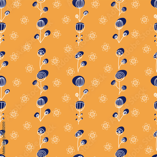 Orange seamless background with doodle flowers, vector grafic.