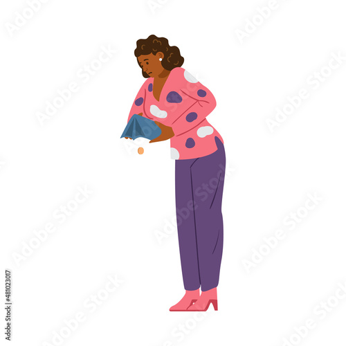 Woman shakes out empty wallet in search of money, vector illustration isolated.