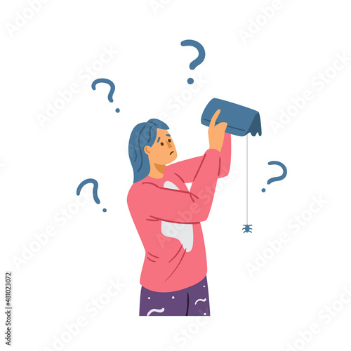 Woman shakes up empty wallet searches money, flat vector illustration isolated.