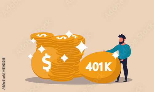 401k money account and gold egg ira with coin. Retiree increase profit and save budget loan vector illustration concept. Investment income and growth finance market. Deposit dollar earning business