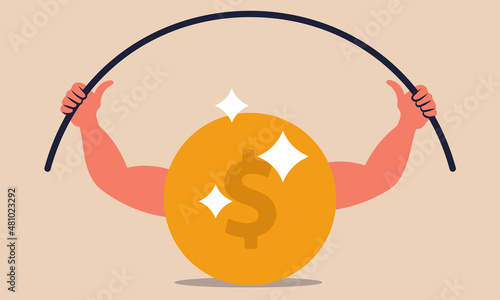 Financial stable and strong dollar. Coin with hand muscles power dumbbell and recover crisis vector illustration concept. Business cash  increase and stability risk. Save economy deposit or rich money
