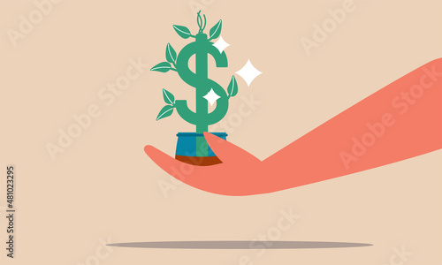 Dollar green plant on hand and money profit income. Investment rich and return earnings vector illustration concept. Financial growth and economy currency deposit. Sprout capital idea and stock market