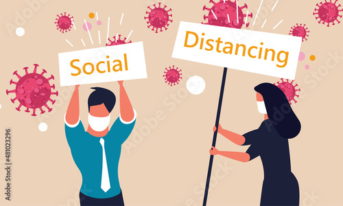 Social distancing and global risk coronavirus. People with mask protection community vector illustration concept. Prevent human illness and isolation group human. New normal health and virus spread