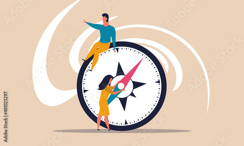 Future young team with compass direction and leader visionary. Woman with man concept business vector illustration. Planning guide people and vision way. Navigation pointer to career. Right target