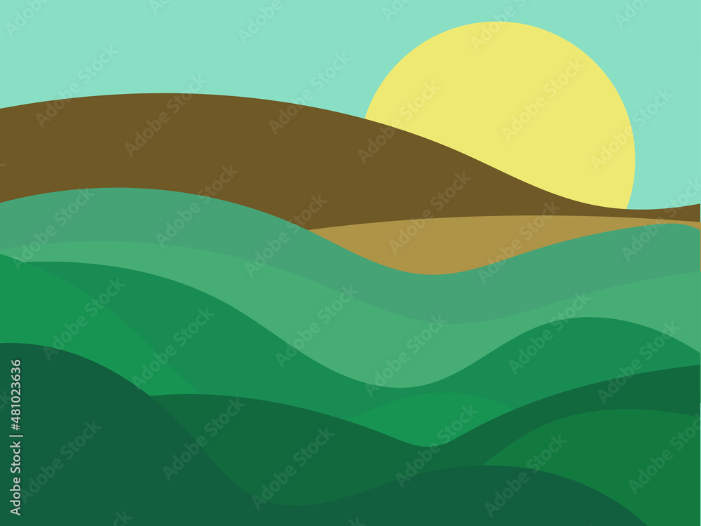 Obraz premium Green hills landscape in minimalist style. Boho decor for prints, posters and interior design. Mid Century modern decor. Green fields. Vector illustration