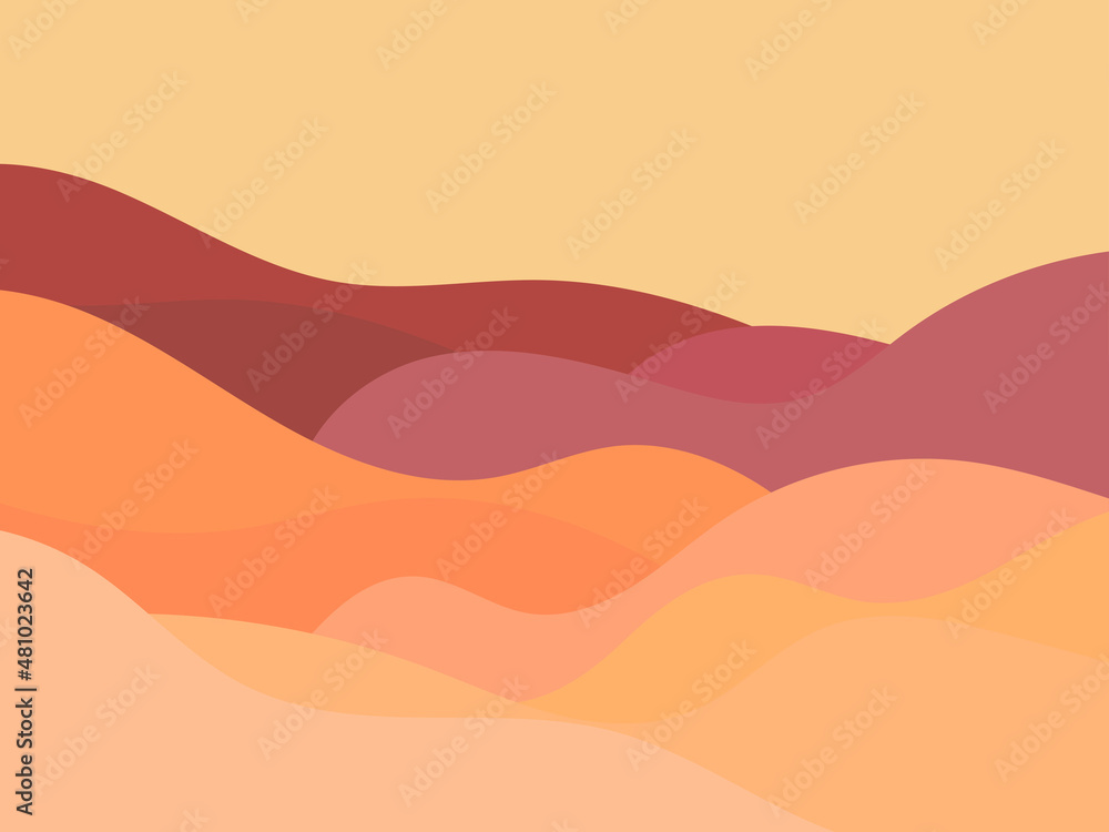 Desert landscape with dunes in a minimalist style. Wavy desert view in flat style. Boho decor for prints, posters and interior design. Mid Century modern decor. Vector illustration
