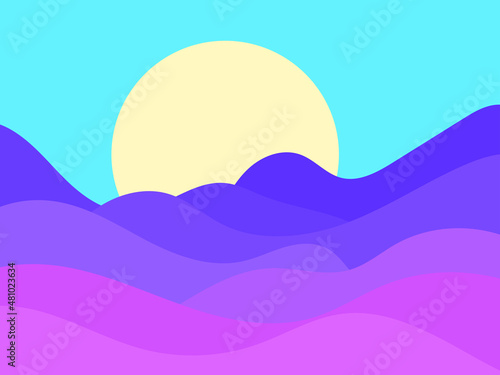 Wave landscape with sun in a minimalist style. Plains and mountains, fields and meadows. Typographic boho decor for prints, posters and interior design. Mid-century modern decor. Vector illustration