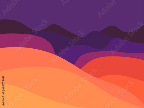 Night desert landscape with dunes in a minimalist style. Colorful wavy landscape in flat style. Boho decor for prints, posters and interior design. Mid Century modern decor. Vector illustration