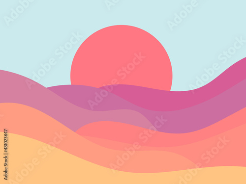 Wavy landscape in a minimalistic style. Sunset landscape with hills. Red sun. Boho decor for prints, posters and interior design. Mid Century modern decor. Trend style. Vector illustration