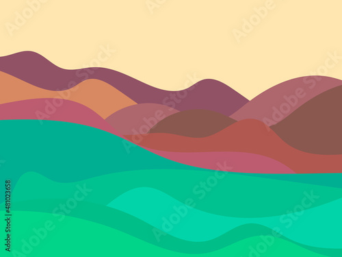 Green hills with brown mountains in a minimalist style. Boho decor for prints, posters and interior design. Modern mid-century decor. Green fields. Vector illustration