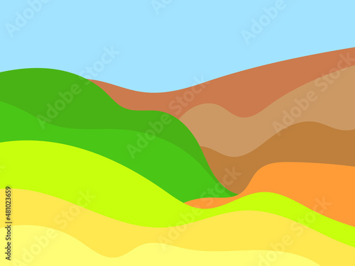 Green hills with brown mountains in a minimalist style. Boho decor for prints, posters and interior design. Modern mid-century decor. Green fields. Vector illustration