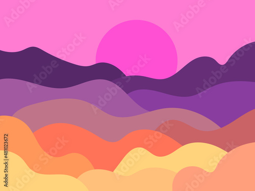 Valokuvatapetti Desert landscape with pink sun in flat style