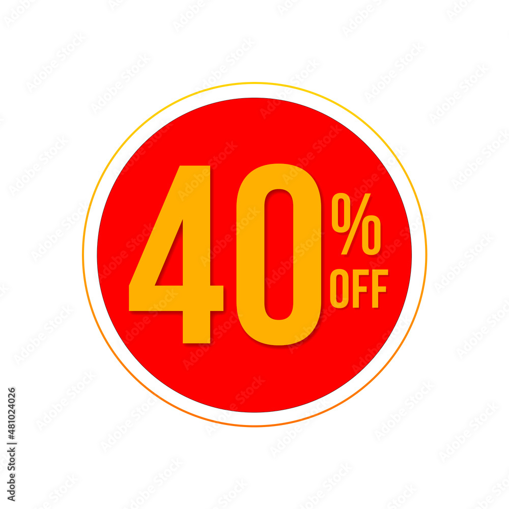 40% off. Forty percent discount banner over circle with red color 40% off. Forty percent discount banner over circle with red color