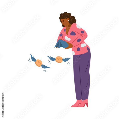 Woman upset about spending with empty wallet, flat vector illustration isolated.