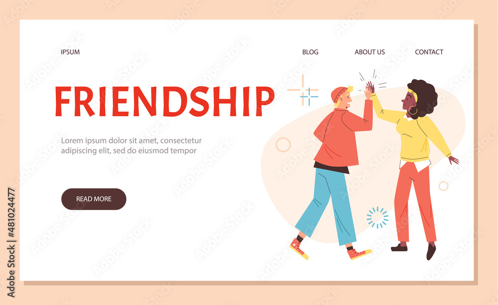 Two happy friends greet each other with high five, web banner template - flat vector illustration. Two happy friends greet each other with high five, web banner template - flat vector illustration.