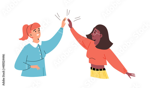 Happy women clap hands, friends meet each other - flat vector illustration isolated on white background.