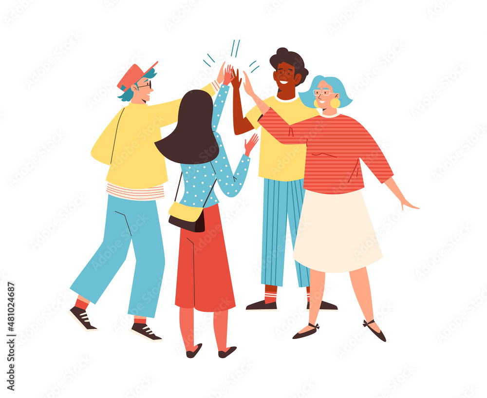Cheerful group of people give high five, flat vector illustration isolated on white background. Cheerful group of people give high five, flat vector illustration isolated on white background.