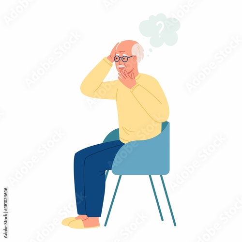 Elderly grandparent has Alzheimer’s disease and looks lost. Memory loss, and problem of concentration for elderly people. Male has dementia symptoms or mental health illness concept. Vector illustrati