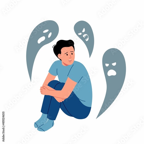 Psychology, panic attack, phobia, frustration, inner fears concept. Young stressed man sitting and feeling bad with ghosts, fears. Mental health and illnesses. Vector illustration