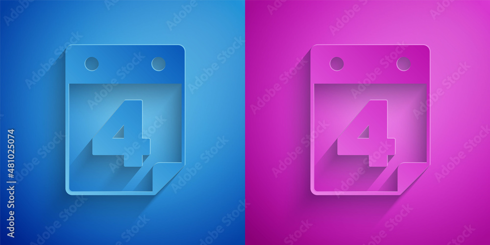 Paper cut Day calendar with date July 4 icon isolated on blue and purple background. USA Independence Day. 4th of July. Paper art style. Vector Paper cut Day calendar with date July 4 icon isolated on blue and purple background. USA Independence Day. 4th of July. Paper art style. Vector