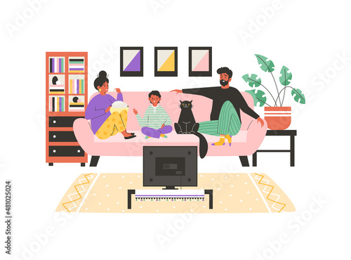Living room with family watching TV, flat vector illustration isolated.