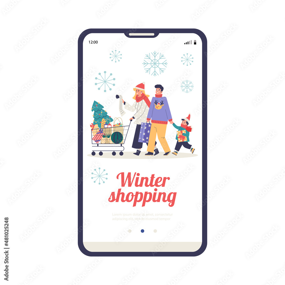 Winter family shopping onboarding mobile screen, flat vector illustration. Winter family shopping onboarding mobile screen, flat vector illustration.