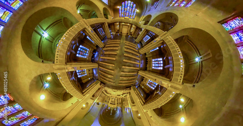 Little planet view inside the basilica, church in Brussels Belgium. Flying through the middle with no camera in view 