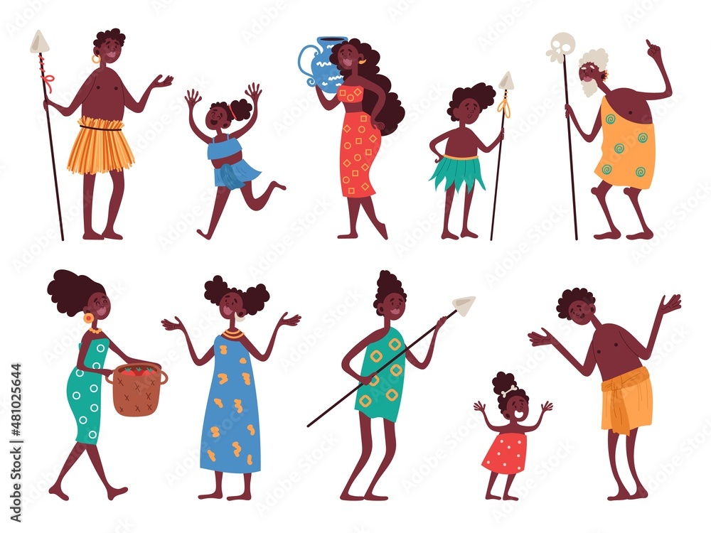 African native tribal characters. Funny men and women, children and old people, national colorful clothes and household ethnic items, male and female aborigines, vector isolated set