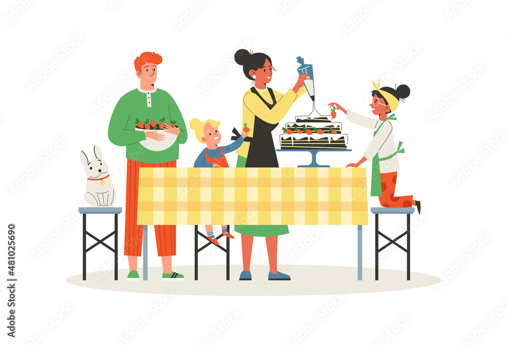 Family decorating beautiful cake, flat cartoon vector illustration isolated.