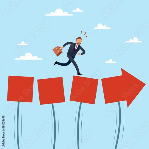 An unstable, shaky path to success. Not stable career growth. Businessman running to goal, hard way, employee ambition opportunities, business direction. Vector isolated concept